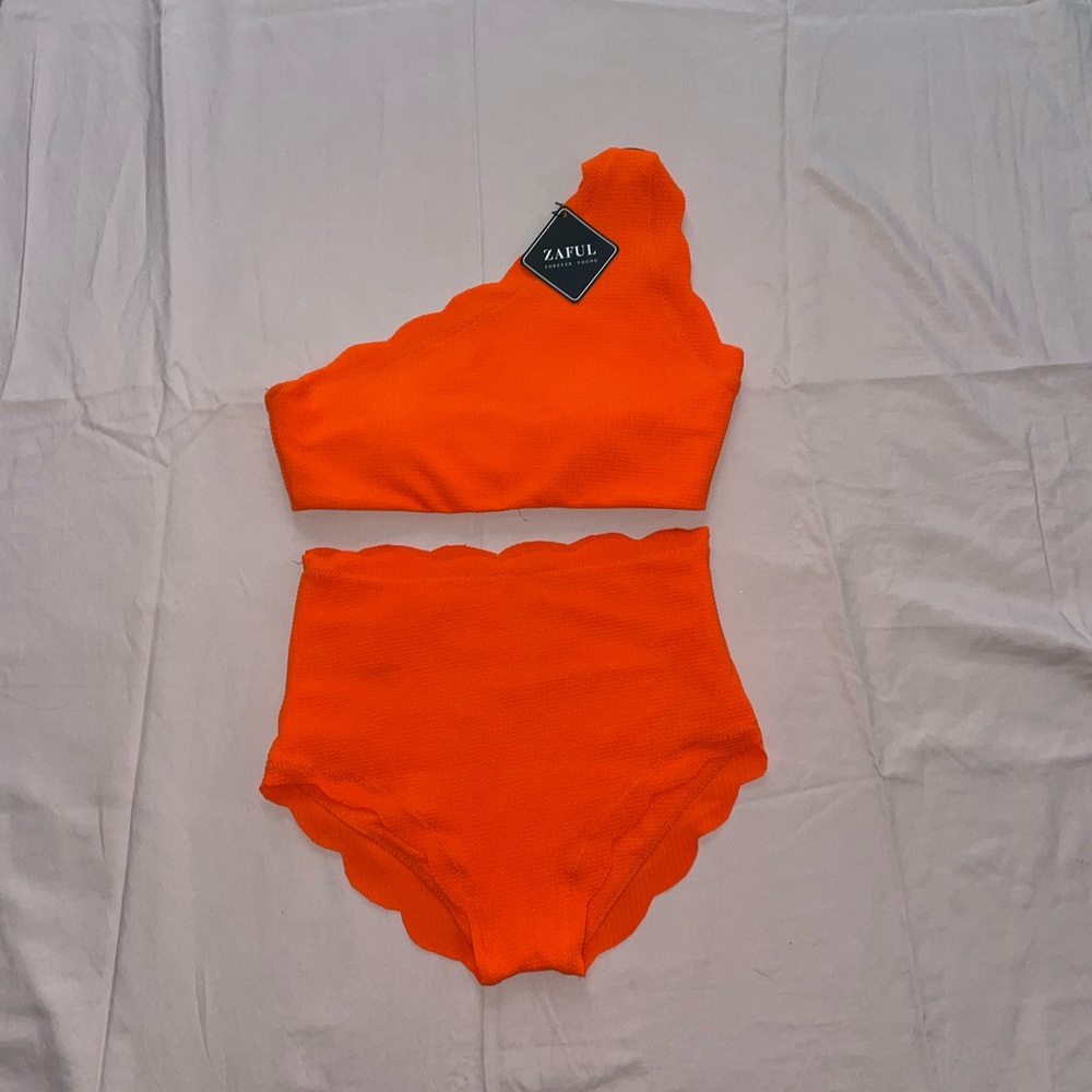 ZAFUL High waisted, one shoulder bikini set - bright neon orange